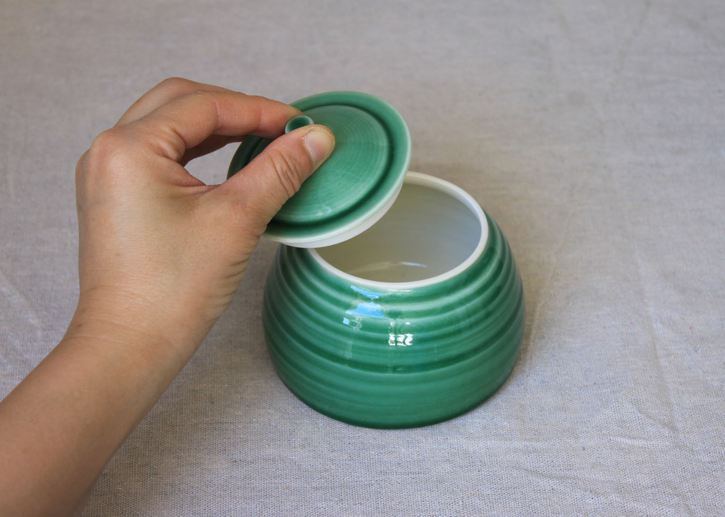 Handmade Celadon Green Ceramic Jar with Lid: Food-Safe Porcelain