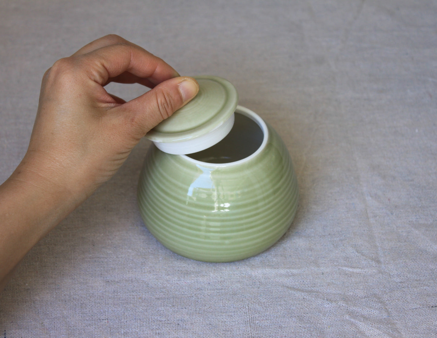 Handmade Celadon Green Ceramic Jar with Lid: Food-Safe Porcelain