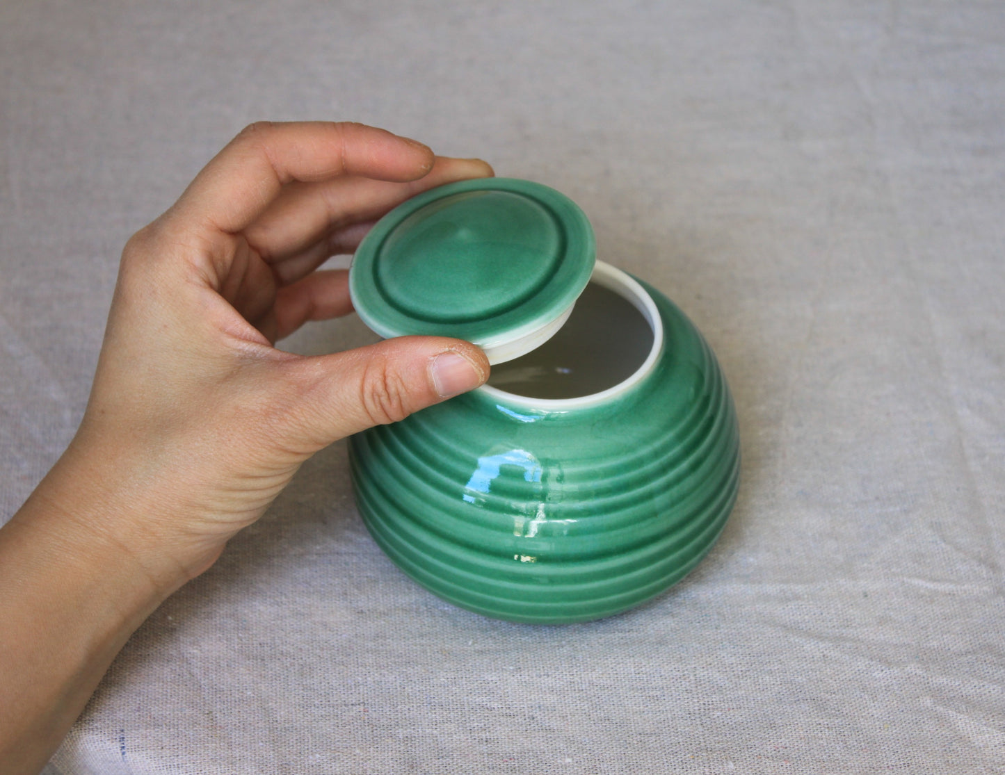Handmade Celadon Green Ceramic Jar with Lid: Food-Safe Porcelain